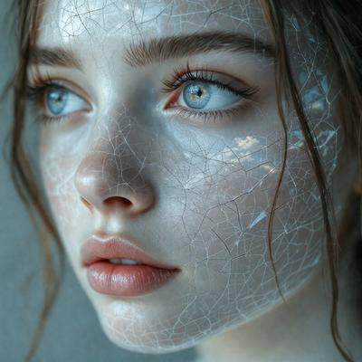 The primary subject of the image is a woman with a white, frosty appearance. She has a blue eye and is looking at the camera. The setting is a room with a window, and the visual style is a close-up of the woman's face. The colors in the image are predominantly white and blue, creating a cold and icy atmosphere.